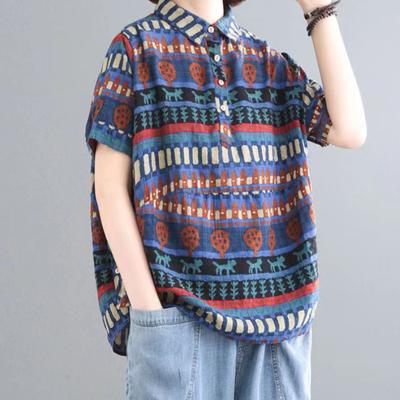 Летний топ с воротником на пуговицах и лацканами для женщин, блузка с цветочным принтом, повседневная свободная рубашка большого размера с коротким рукавом