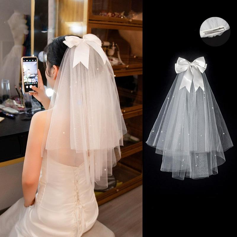 1 шт. Свадебная фата с кружевной кромкой, короткая, элегантный бант, жемчуг, свадебные аксессуары, двухслойная, белая, из тюля для женщин