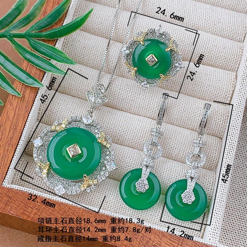 Vintage Green Chalcedony Jewelry Set Women Earrings Necklace Ring With Pendant Copper Box Chain Ethnic Chinese Style
