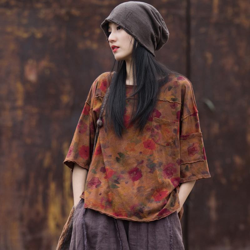 Женская футболка с коротким рукавом из хлопка и льна с пескоструйной обработкой в винтажном стиле