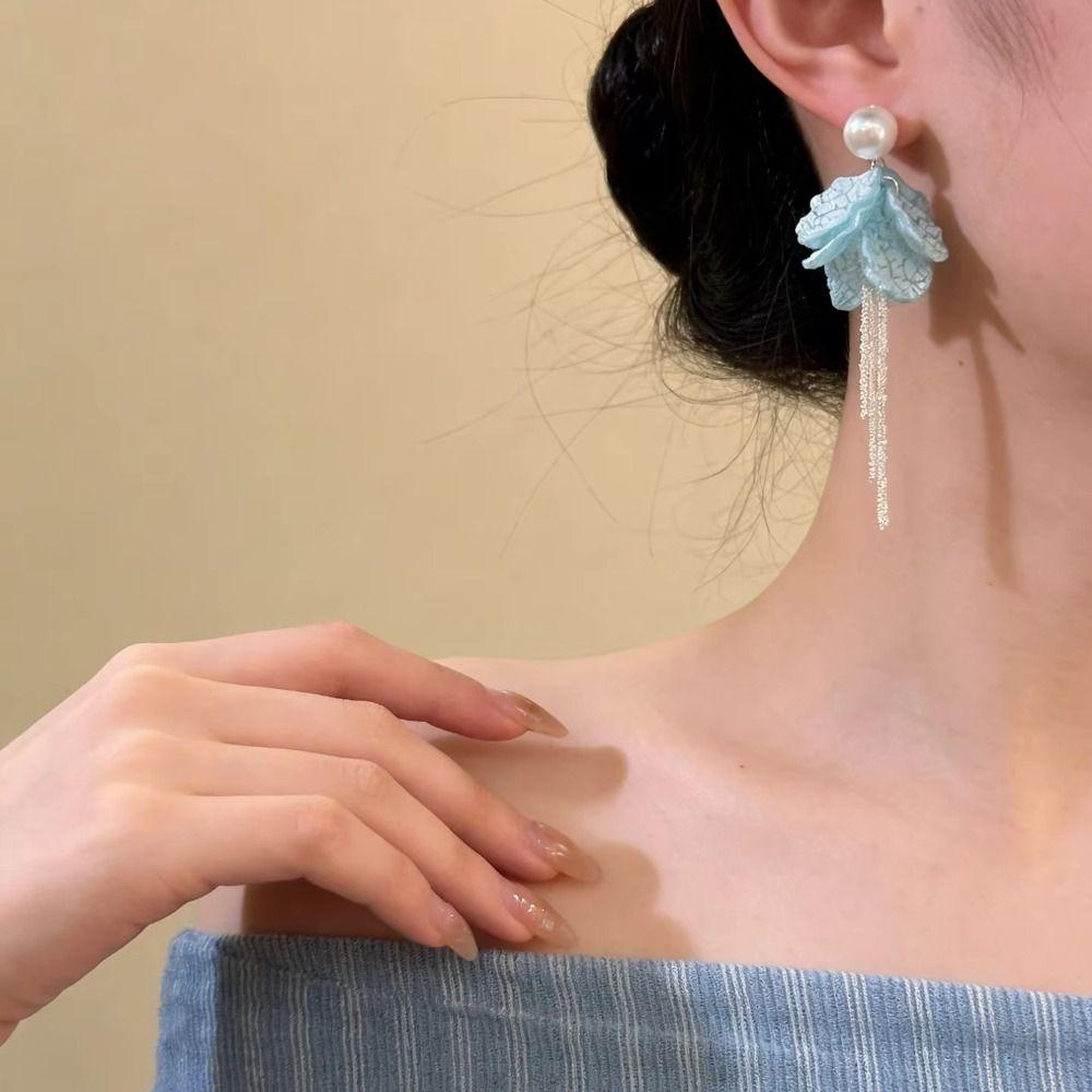 Peach Tea Color Tassel Earrings Blue Petal Design Fashion Jewelry Zinc Zinc Alloy Earrings Women's Jewelry