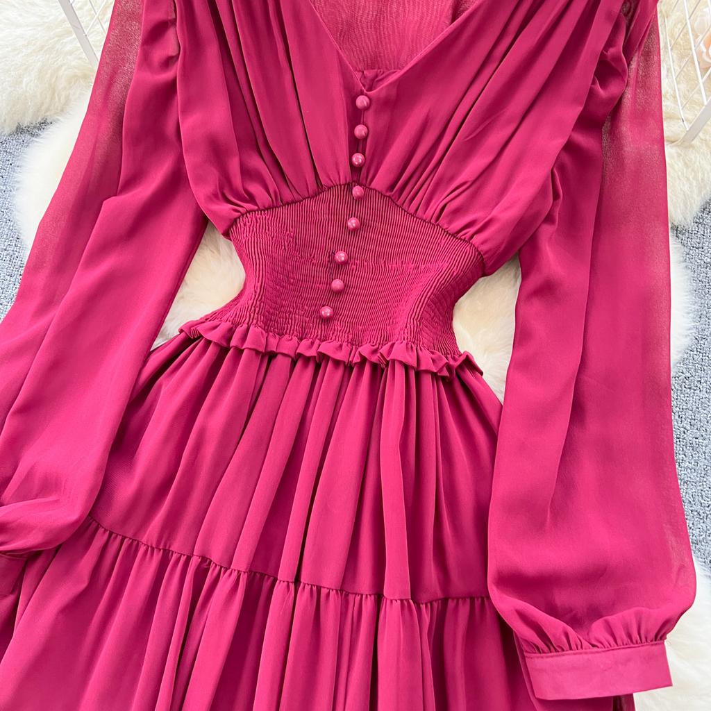 Женское элегантное винтажное шифоновое длинное платье с v-образным вырезом и длинными рукавами, повседневные французские плиссированные тонкие платья трапециевидной формы