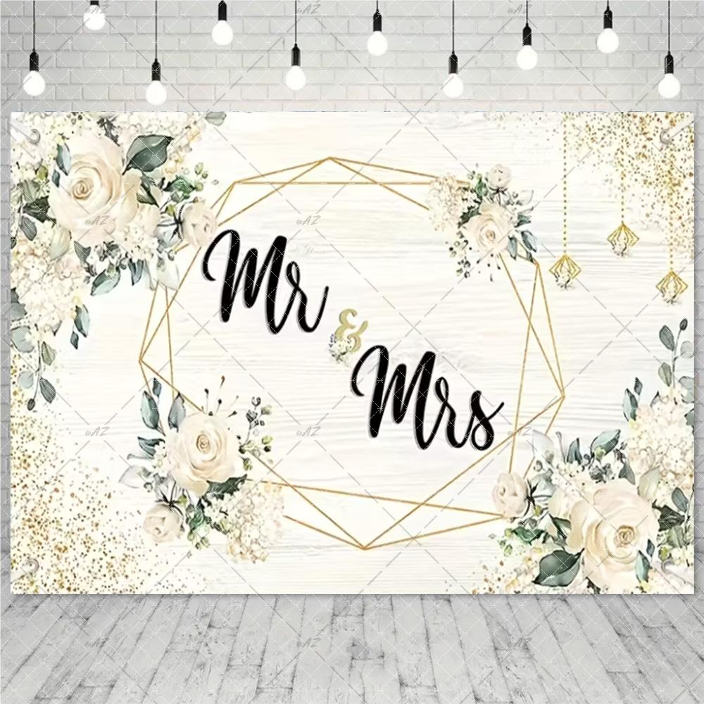 Mr & Mrs – Floral Bow and Pink Heart, Wedding Anniversary Background, Bride and Groom Photography Props, Decorations3134