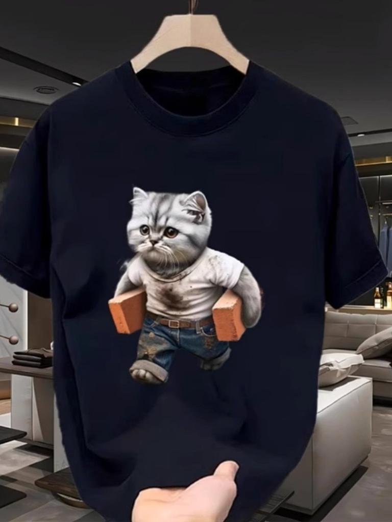 25 New Solid Color Round Neck Short-sleeved T-shirt Men's Summer Cat Print Pure Cotton Couple's Versatile Super Fire Street Top