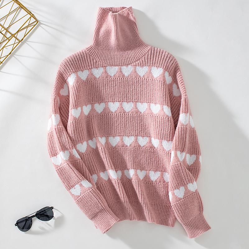 Women's Fall/winter Sweater Loose Casual Love Jacquard Turtleneck Pullover Knit Sweater