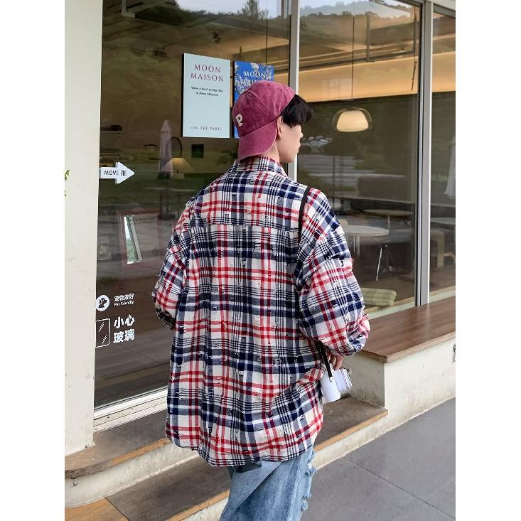 2024 Клетчатая рубашка с длинным рукавом в японском стиле Гонконга Ins Свободная рубашка для мальчиков Летнее модное универсальное повседневное пальто