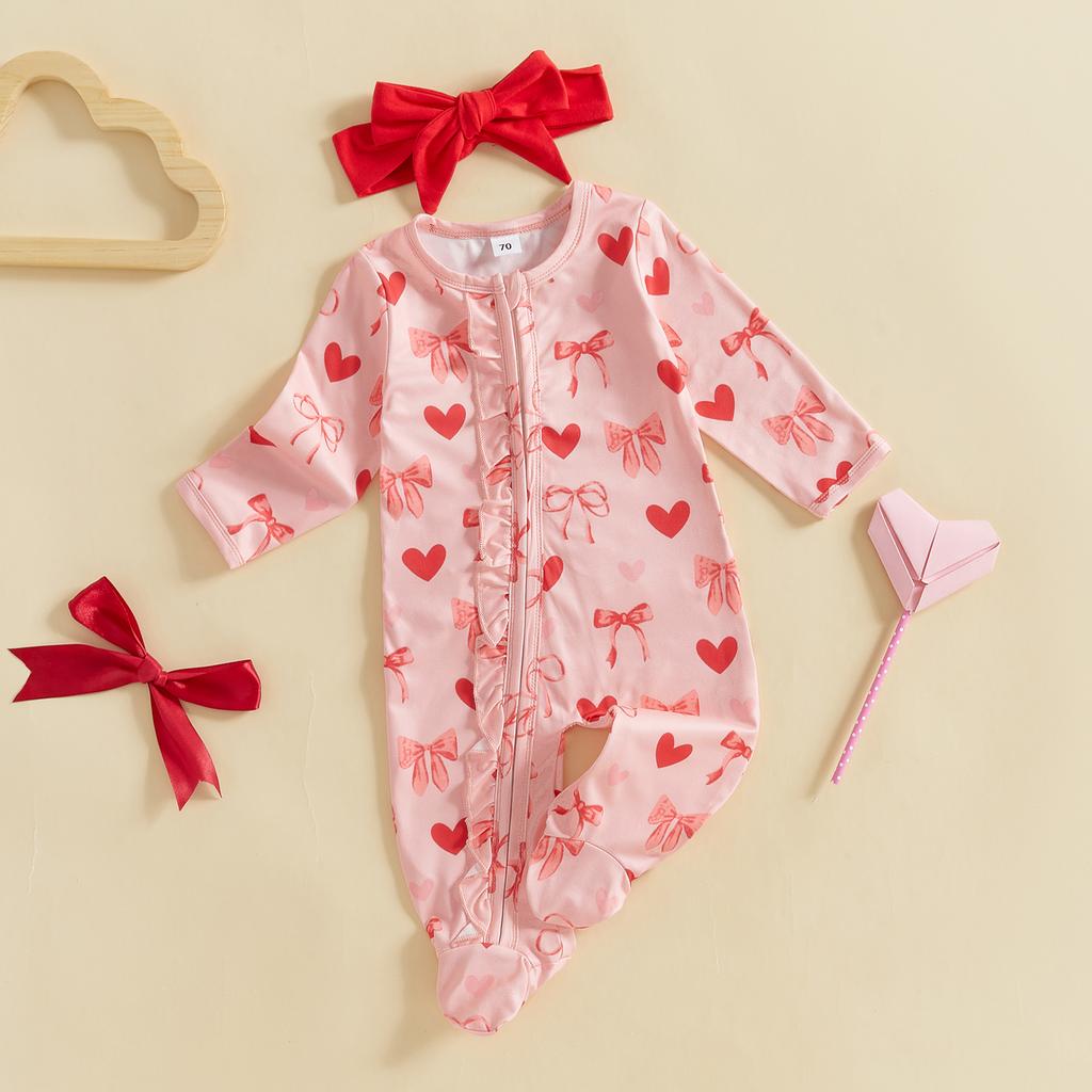 Baby Girl Valentine 's Day Outfits Long Sleeve Heart Bow Print Ruffle Jumpsuit with Headband Set Newborn Clothes