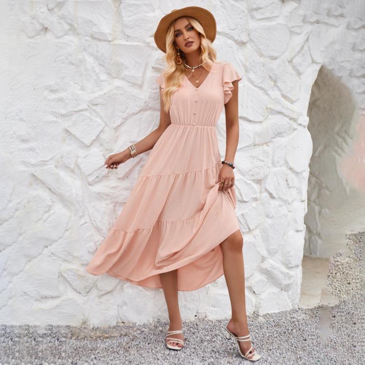 Women Summer Casual V-Neck Slim Dress Solid Color A-Line High Waist Layered Long Dresses Spring Short Lotus Leaf Sleeve S-XL