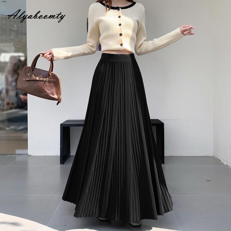 Korean Fashion Autumn Winter Women Pleated Skirt Elastic Waist Beige Black Knitting Maxi Long Skirt Elegant Feminine Ladies' Skirt