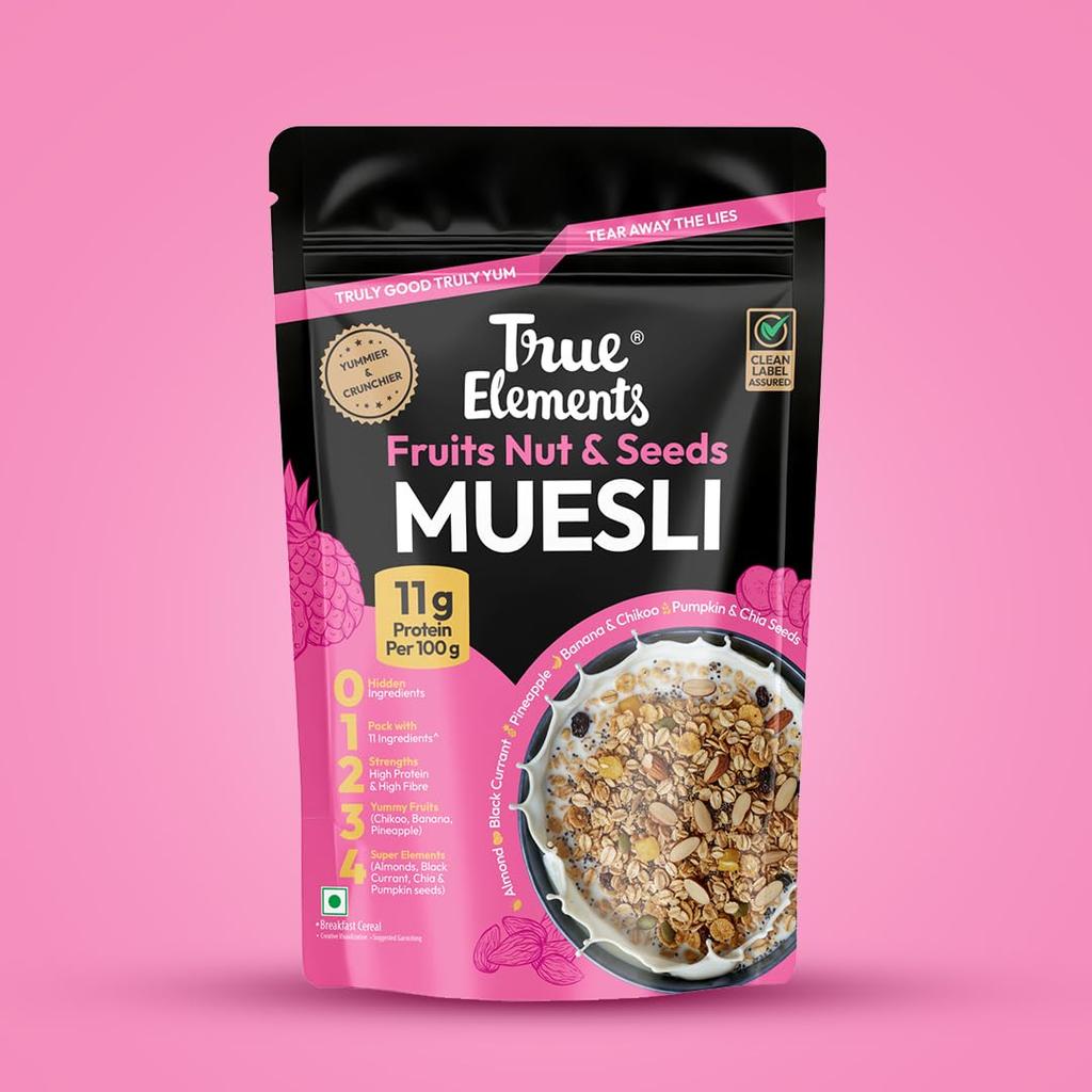 True Elements Muesli Fruits Nuts and Seeds 400gm Breakfast Cereal Wholegrain Muesli with Freeze Dried Fruits