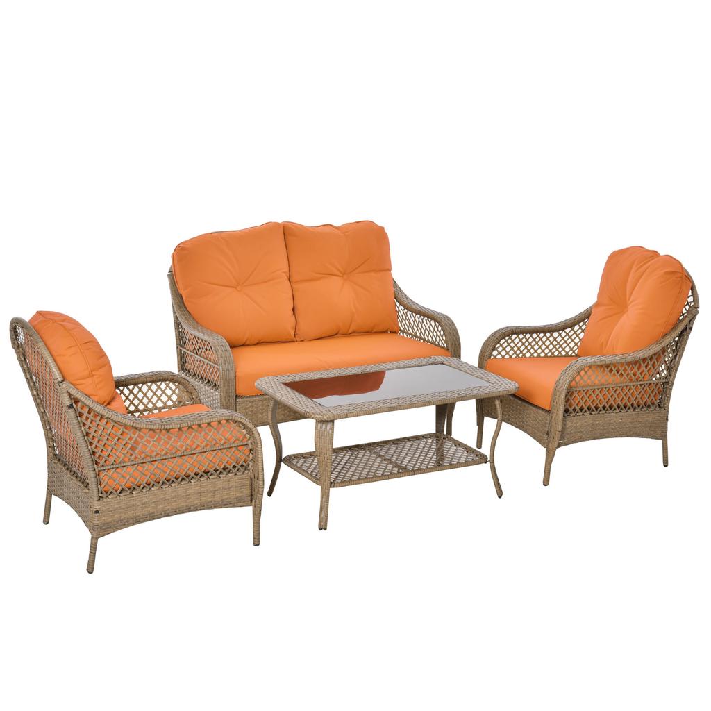 Garden Furniture Set in PE Rattan with 2 Armchairs 2-Seater Sofa and Table and Cushions, Khaki and Orange Colour