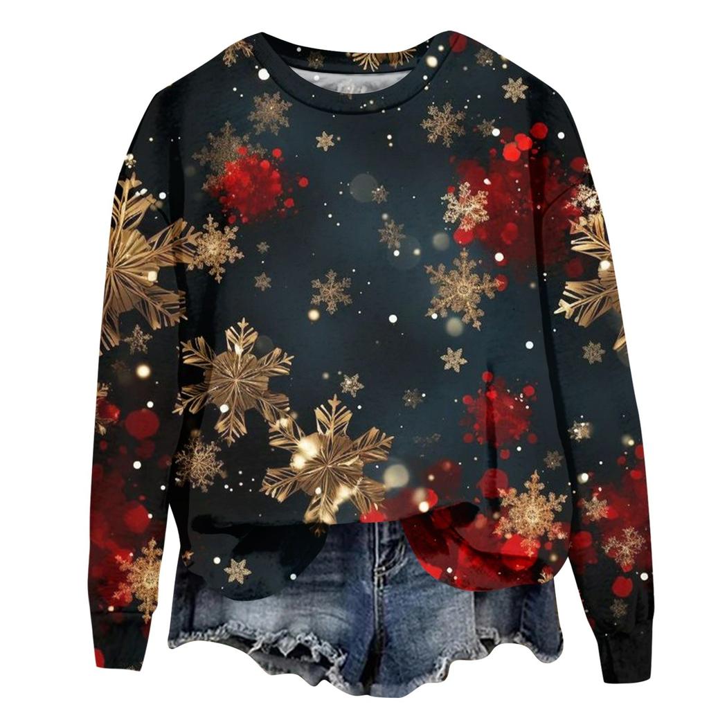 Женская модная рождественская принтованная толстовка с длинным рукавом и круглым вырезом