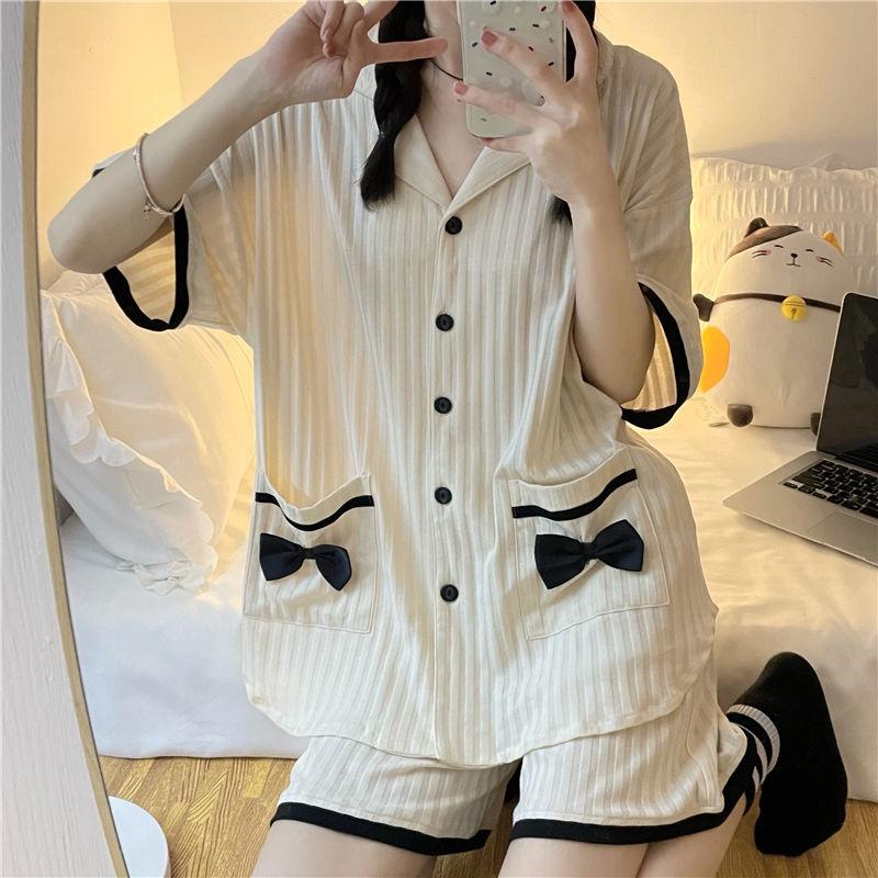 Летние пижамы, женские шорты с короткими рукавами, свободный кардиган с бантом, летний можно носить как домашний комплект одежды