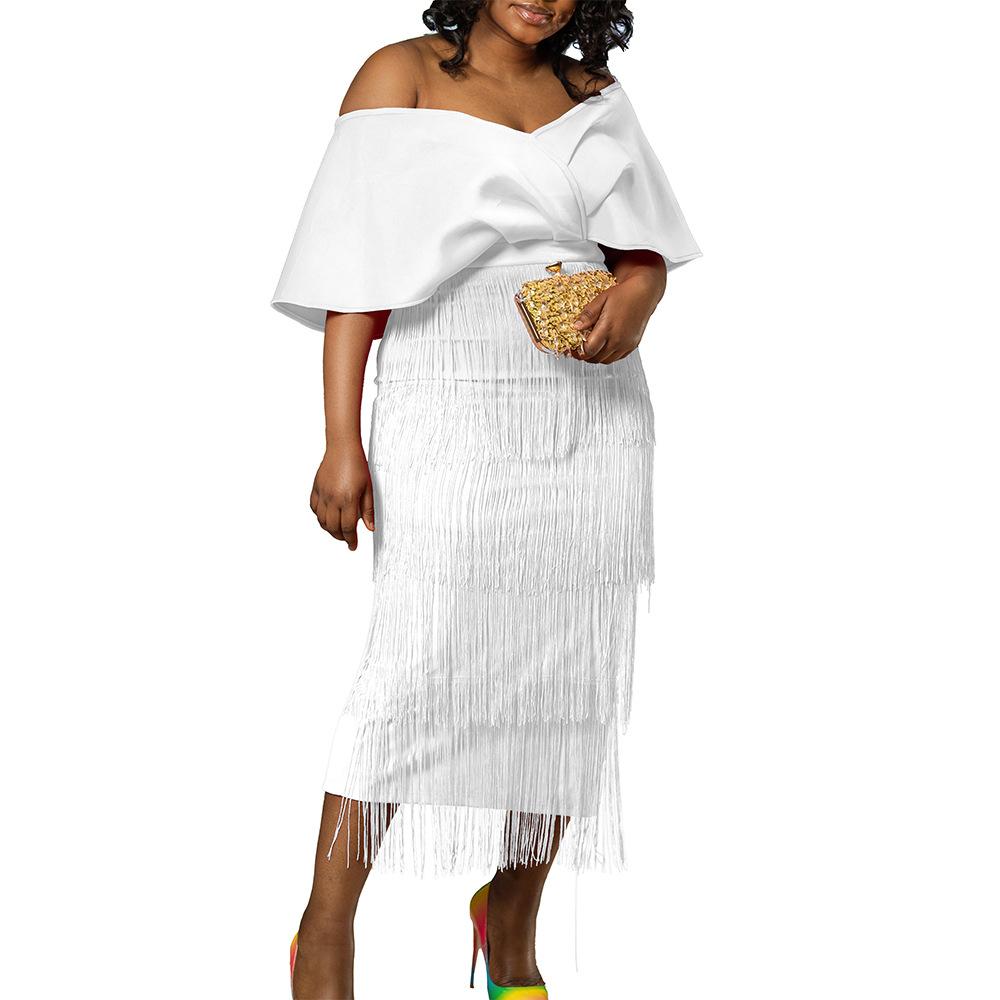 Большой размер, женское летнее модное однотонное платье с кисточками, женское элегантное цельное платье с v-образным вырезом и открытыми плечами