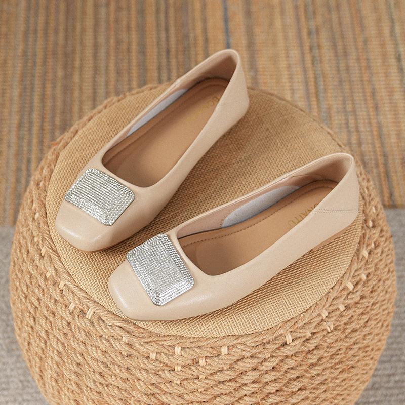 Женские туфли-балетки из натуральной кожи - Французский низкий вырез, Квадратный носок, Мягкая подошва, Большие размеры 41-43, Новинка 2025 Вечерний бриз