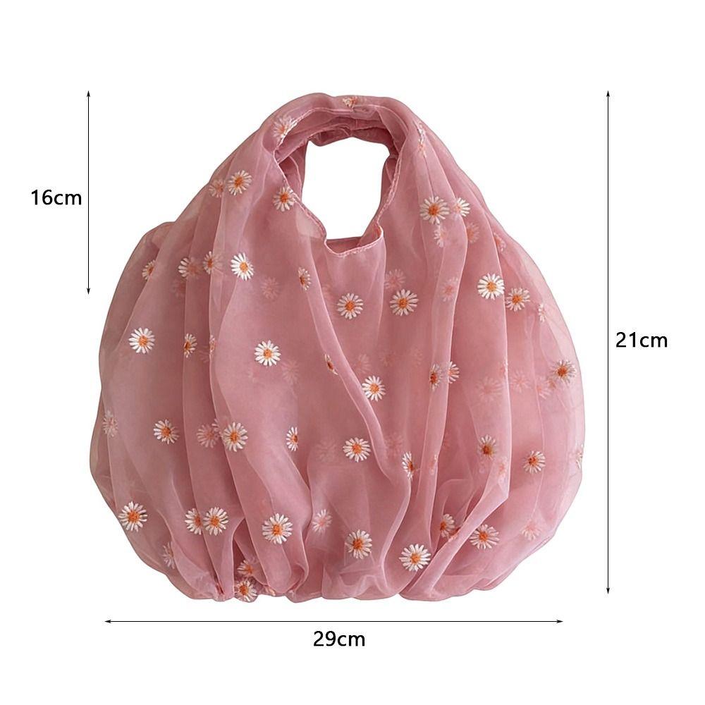 Organza Material Flower Embroidery Hand Bag Daisy Embroidery Small Size Mesh Shopping Bags Single Shoulder Mesh Cloth