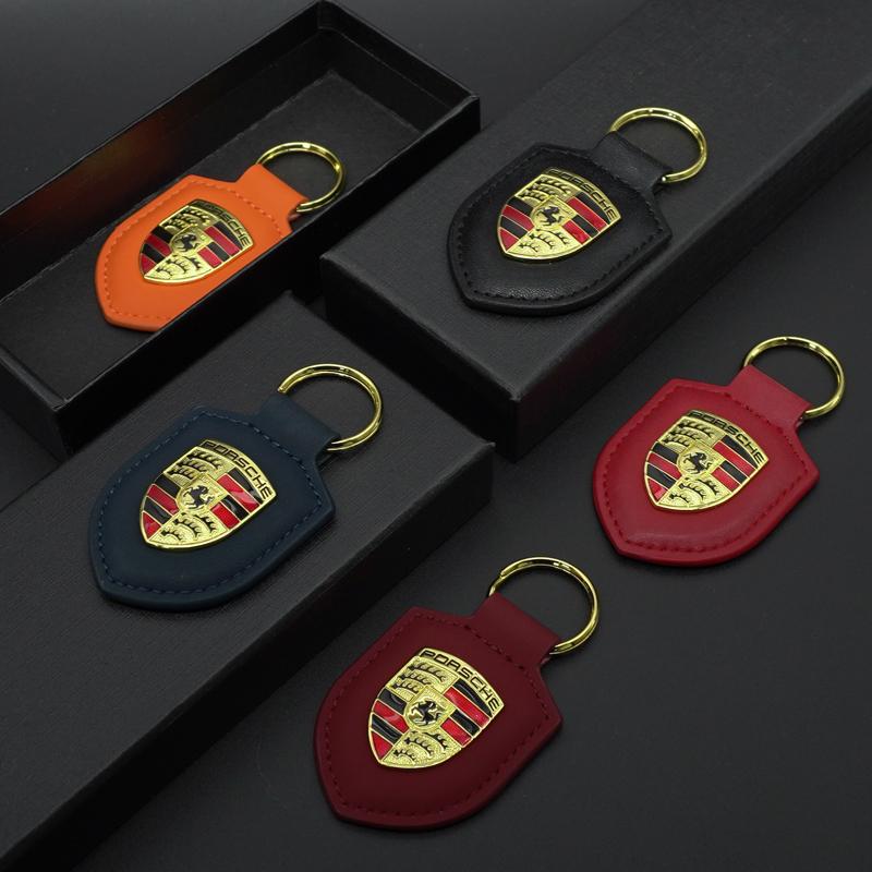 Car Keychain Shield Leather Key Ring Chain Pendant Gifts Holder For Porsche Macan 911 718 Taycan Panamera Cayenne Boxster Cayman ZF1