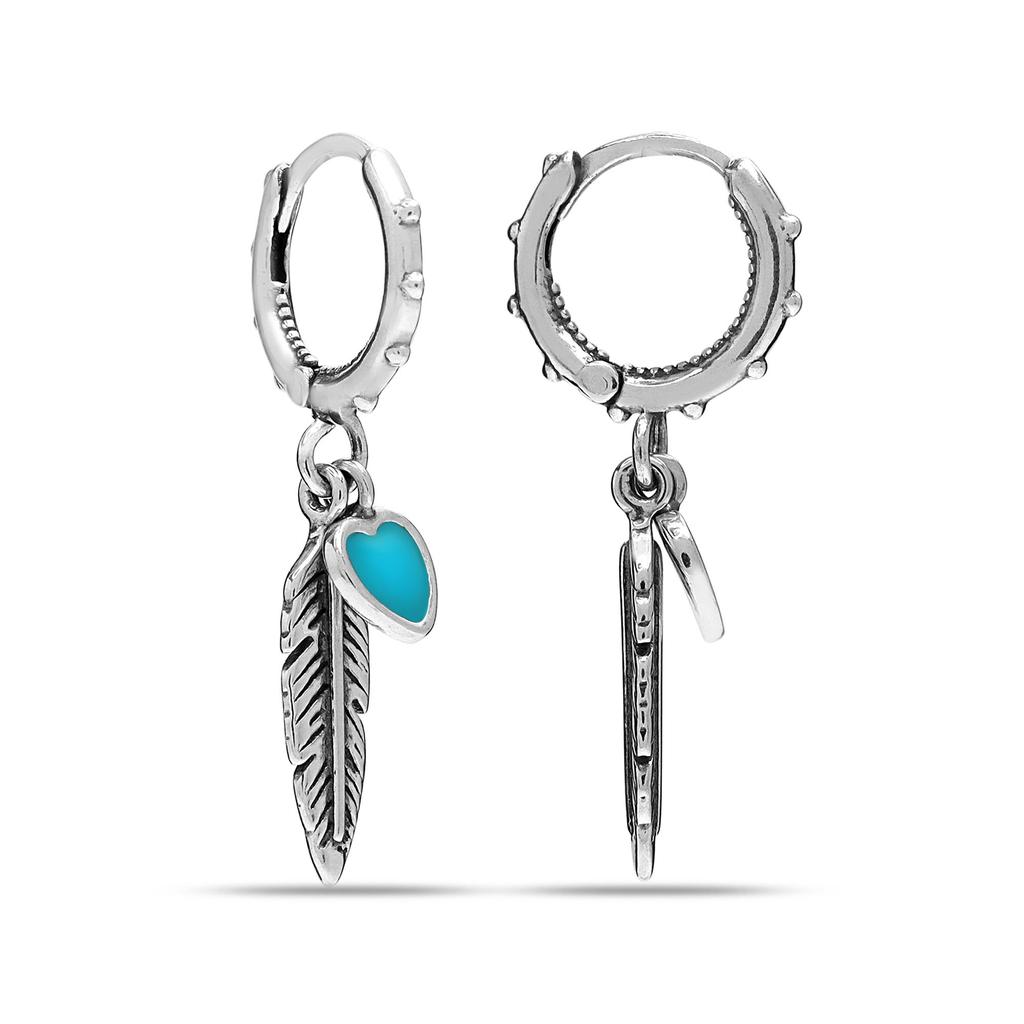 Серьги-кольца из стерлингового серебра 925 пробы, антикварные подвесные серьги-кольца с перьями и бирюзовой эмалью для женщин-подростков