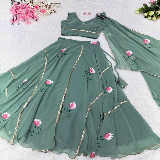 Sage Green Floral Painted Lehenga Choli with Dupatta