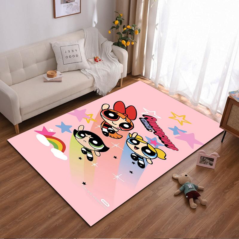 Colorful Cartoon Rug with Powerpuff Girls Design and Pink Background Suitable for use as an anti-slip for living room bedroom sofas