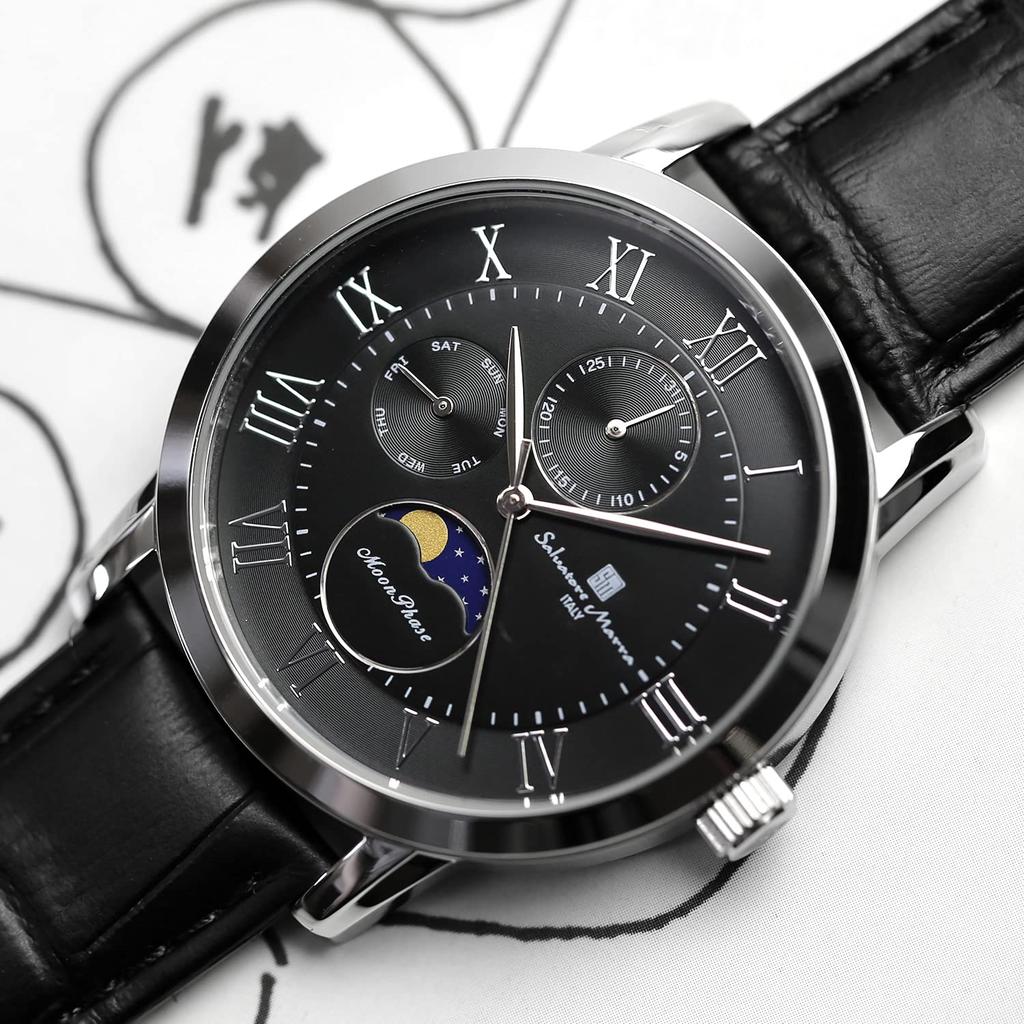 Salvatore Marra Фаза Луны 5 АТМ Водонепроницаемые Кожаные Лимитированные Мужские Часы с Мульти-Календарем, Ремешок, Издание, Серебристый/Черный, SM21106-SSBK