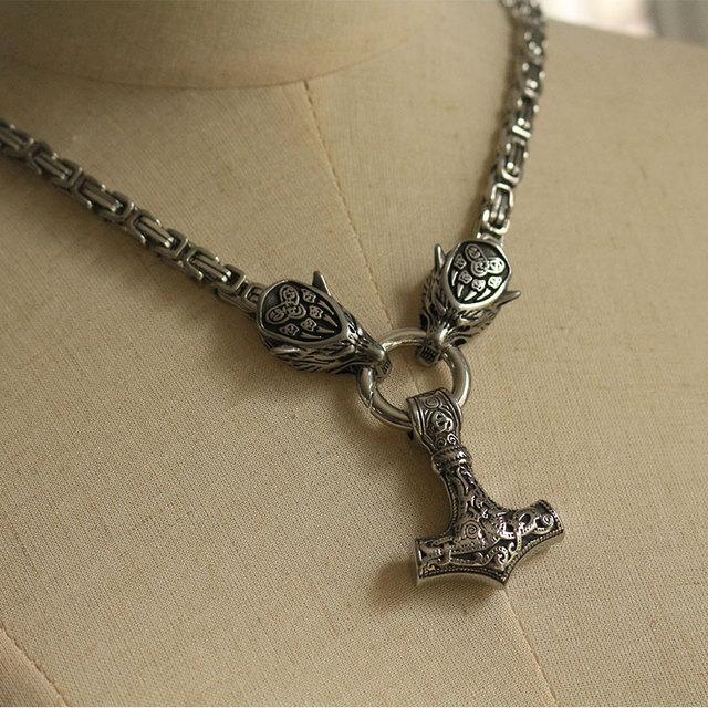 Men Necklace Viking Wolf Head With Thor 'S Hammer Mjolnir Necklace Pendant Norse Talisman Ethnic Jewelry