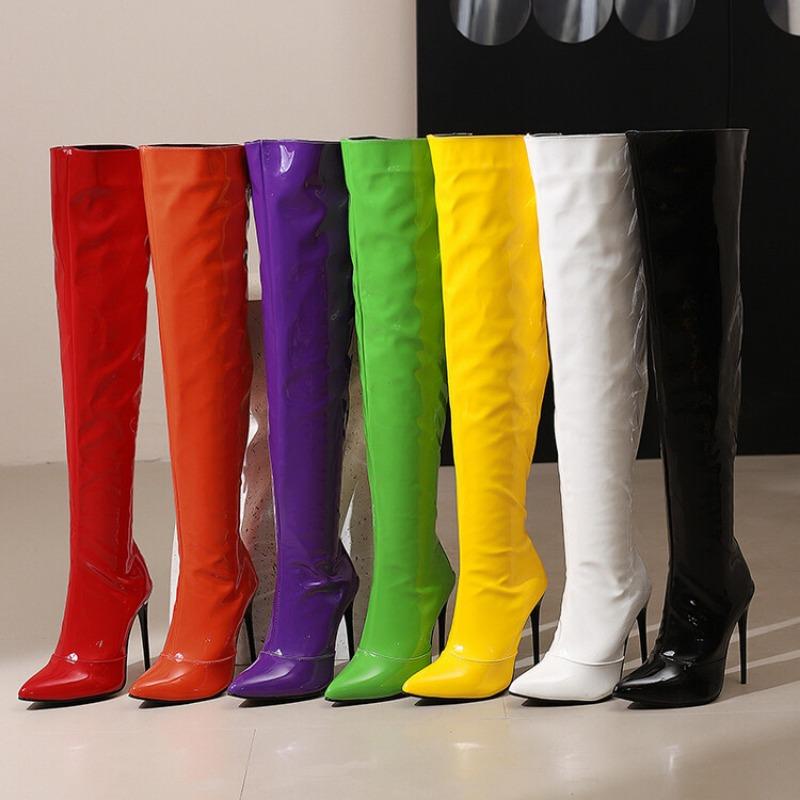 Women Patent Leather Over the Knee Boots Purple Stiletto High Heels Shoes Red Pointed Toe Warm Lady Sexy Party Thigh Boots