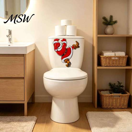 Waterproof PVC Commode Art Christmas Toilet Sticker, Funny Santa Claus Seat Decal, Stickers Holiday Bathroom Wall Decor for Home Party Decoration