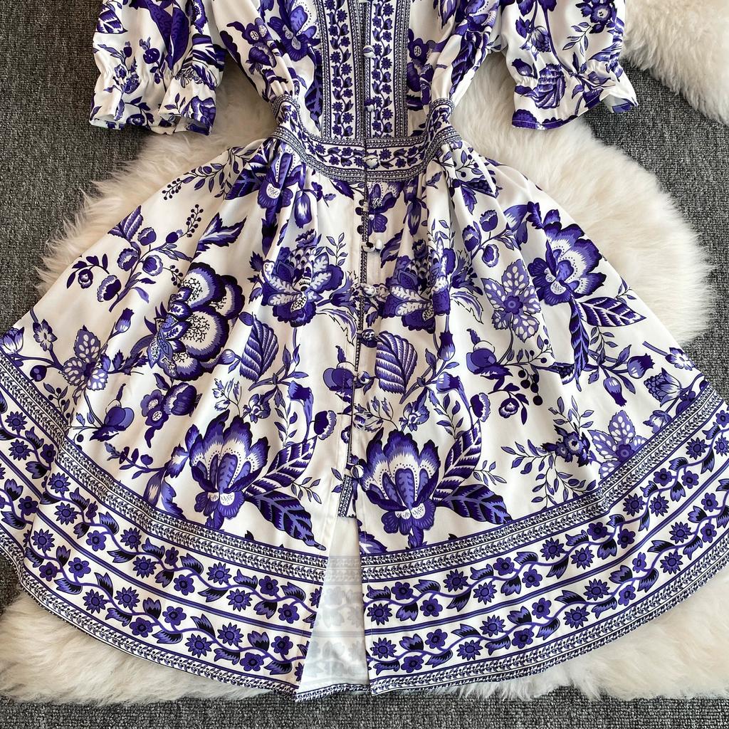 Летнее женское дизайнерское винтажное платье с принтом, элегантное однобортное вечернее платье с v-образным вырезом