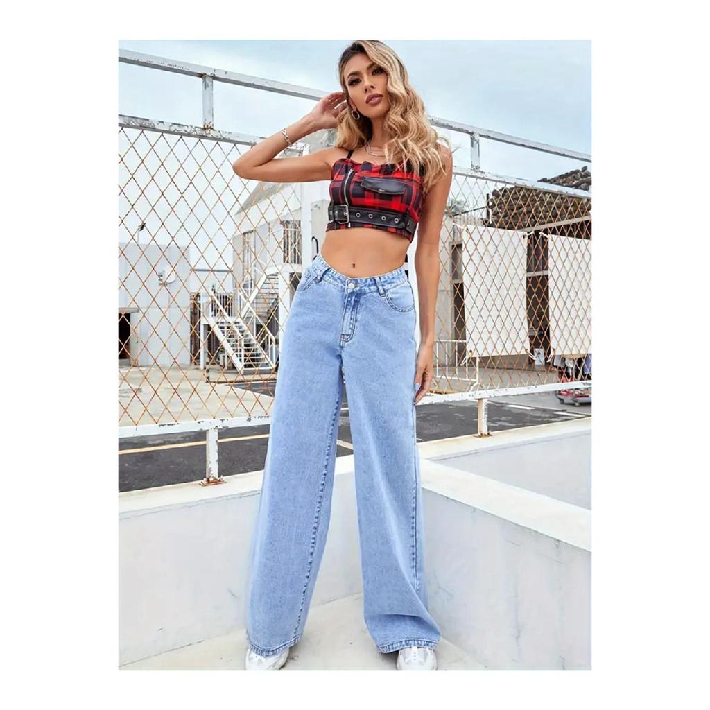 Women's Blue Snow Wash High Waist Five Pocket Wide Leg Loose Palazzo Jean Denim Trousers