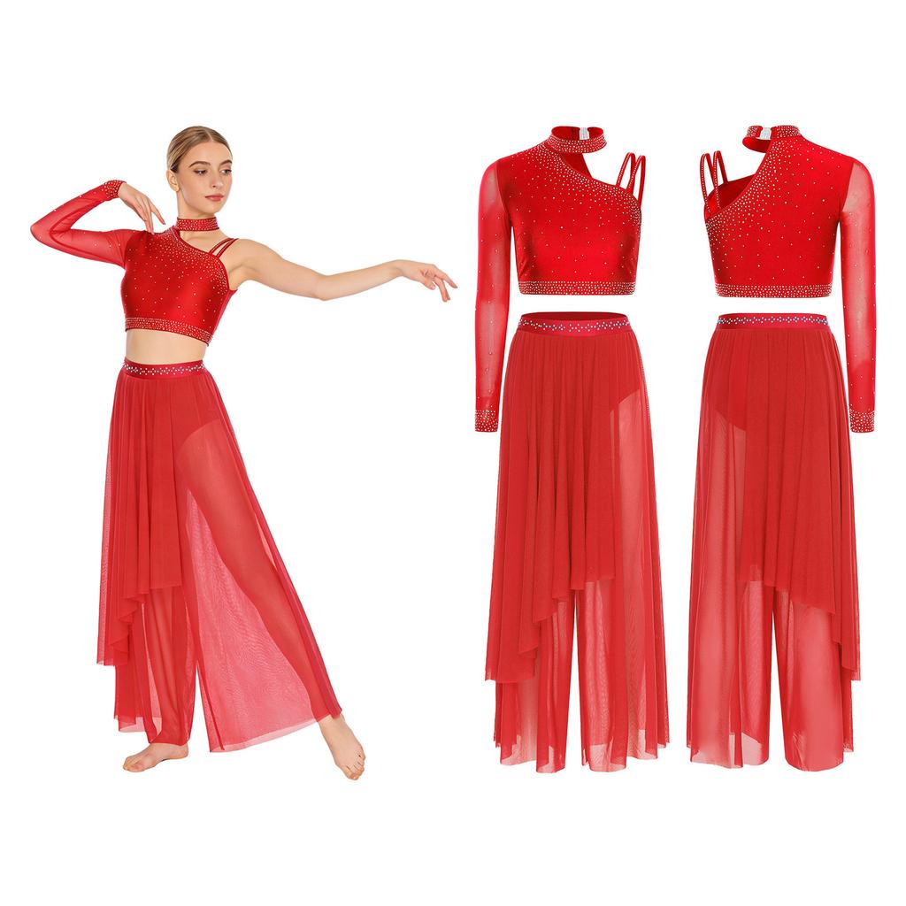 Эффектный костюм для лирического танца для женщин S-XXL: Привлекательный асимметричный дизайн со стразами и струящейся юбкой-накидкой