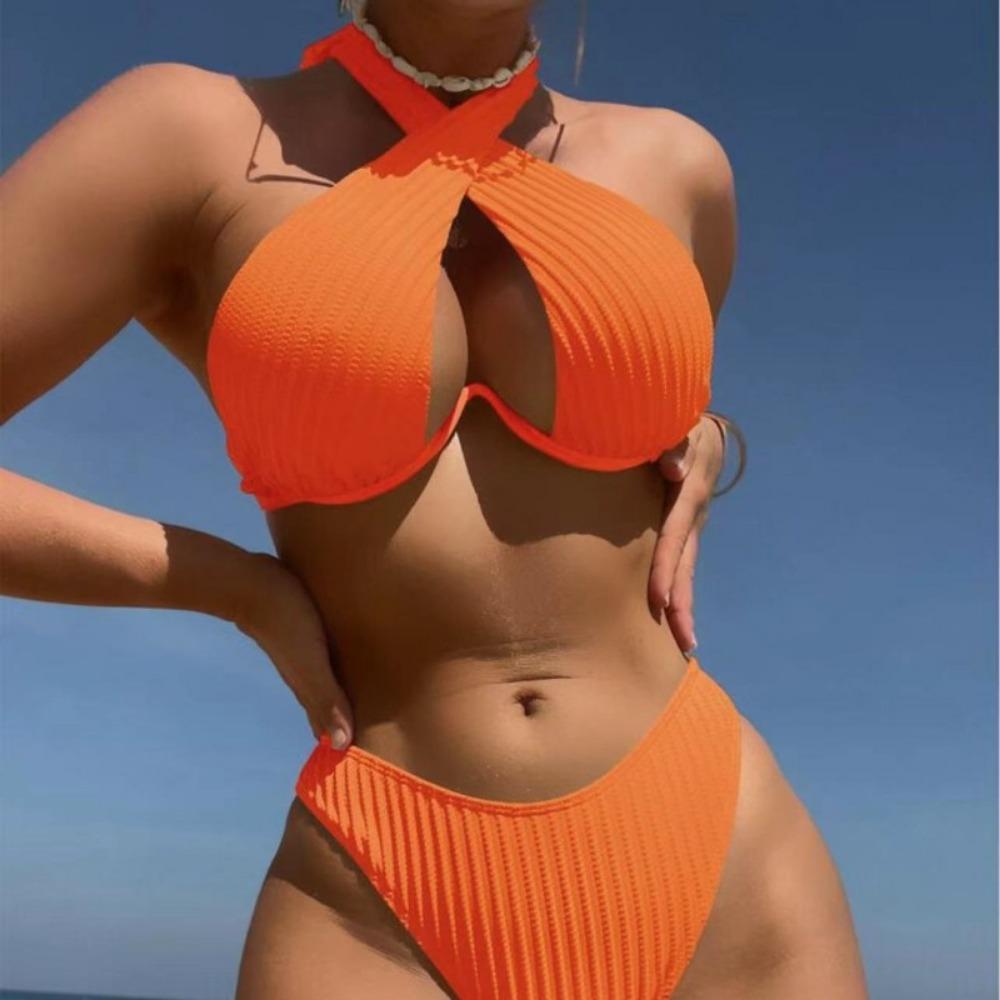 Solid Color Multi-color Sexy Bikini European and American Straps Split Swimsuit Set
