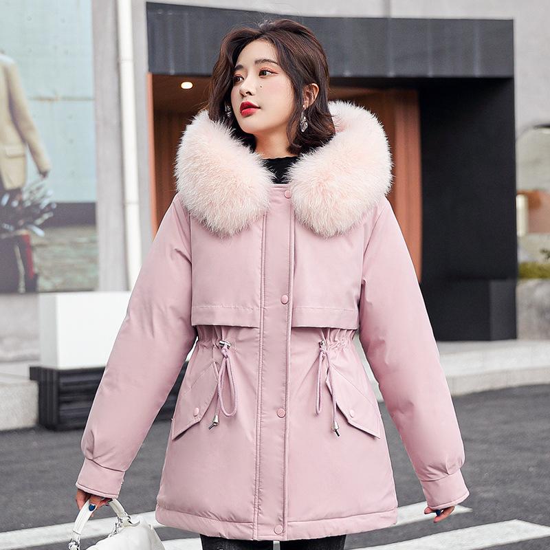 Winter pie overcomes women's large fur collar medium and long styles, waist and thin tooling cotton clothes, khaki thickened to keep warm
