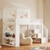 Iron Loft Bed 90×200 cm, House Design, High Safety Rail, Multi-tier Storage Shelf, Safe Staircase (mountable left/right), Single & Youth Bed, White