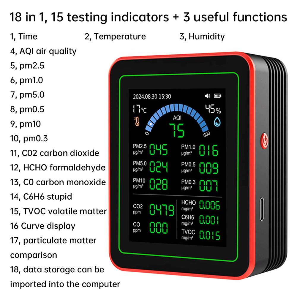 18-в-1 Детектор качества воздуха CO₂, CO, TVOC, HCHO, измерение PM, тестер температуры и влажности, бытовой детектор качества воздуха