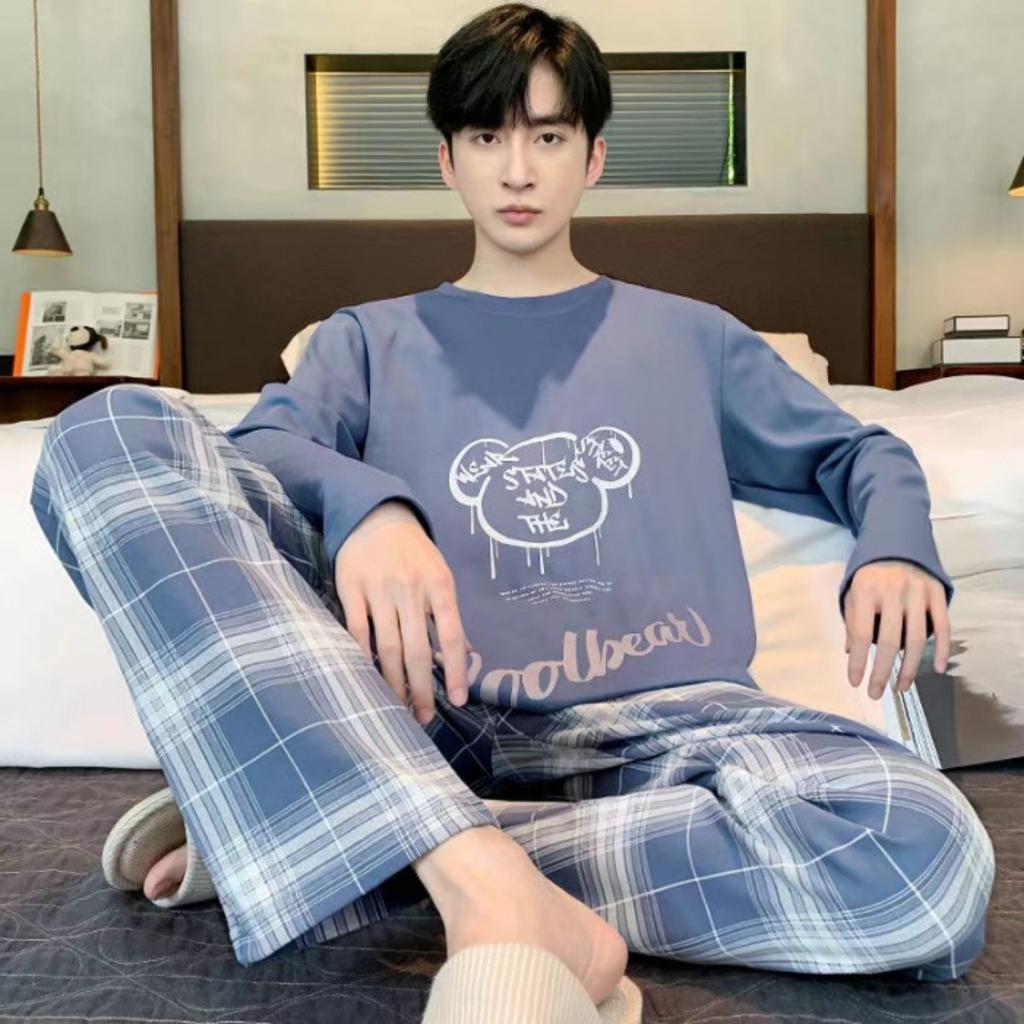 Pajamas Spring and Autumn Men's New Long Sleeve Outable Home Clothes Simple and Casual Large Set