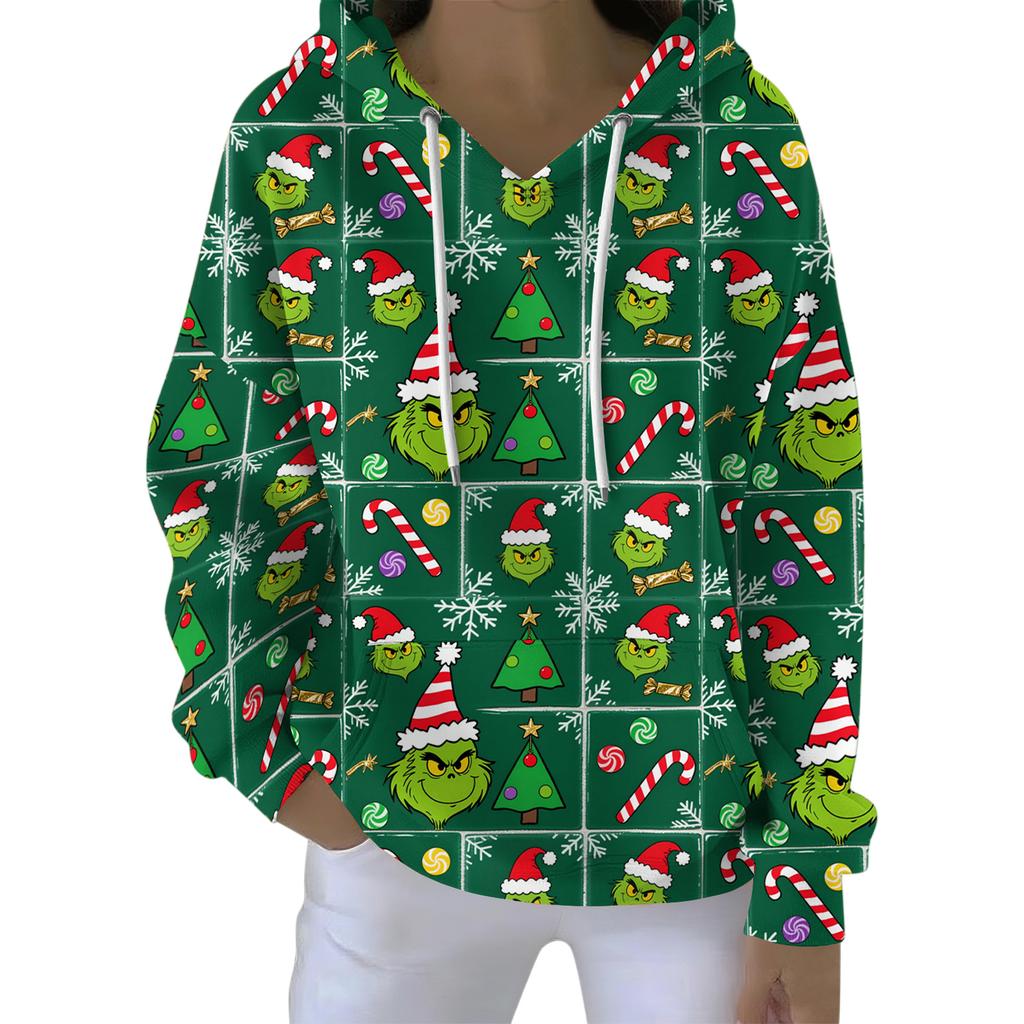 Ladies' Loose And Comfortable Drawstring V-neck Long Sleeved Christmas Printed Sweatshirt