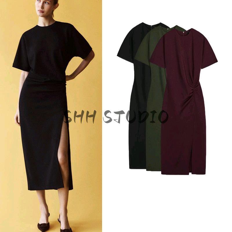 Spring New Women's Clothing Simple European and American Style Long Ruched Midi Skirt Short Sleeve Round Neck Dress 1058153