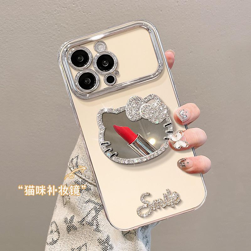 Браслет-зеркало с кошкой, совместимый с iPhone 15, чехол для телефона, 13 Pro Max, гальванизированное покрытие, большое окно, 16, премиальный вид, Xiaomi 14