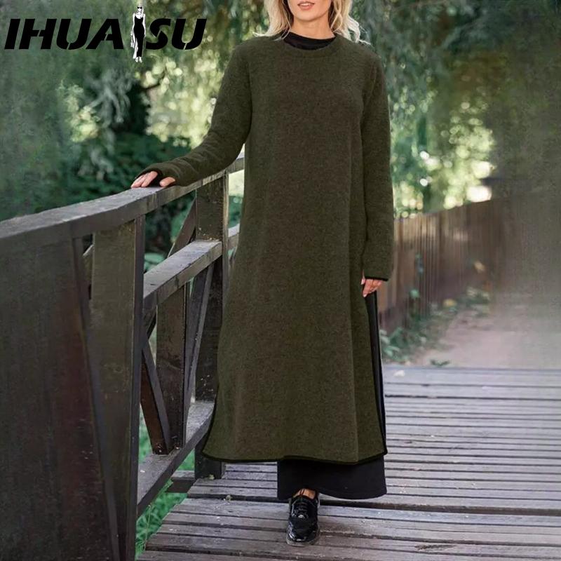 IHUASU Женская мода весна осень однотонный принт короткий рукав длинный рукав высокая талия повседневные платья