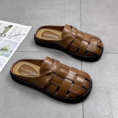 Кожаная сумка голова полушлепанцы женские летние 2025 новые ретро плетеные полые толстая подошва один педаль Ленивые Мюли