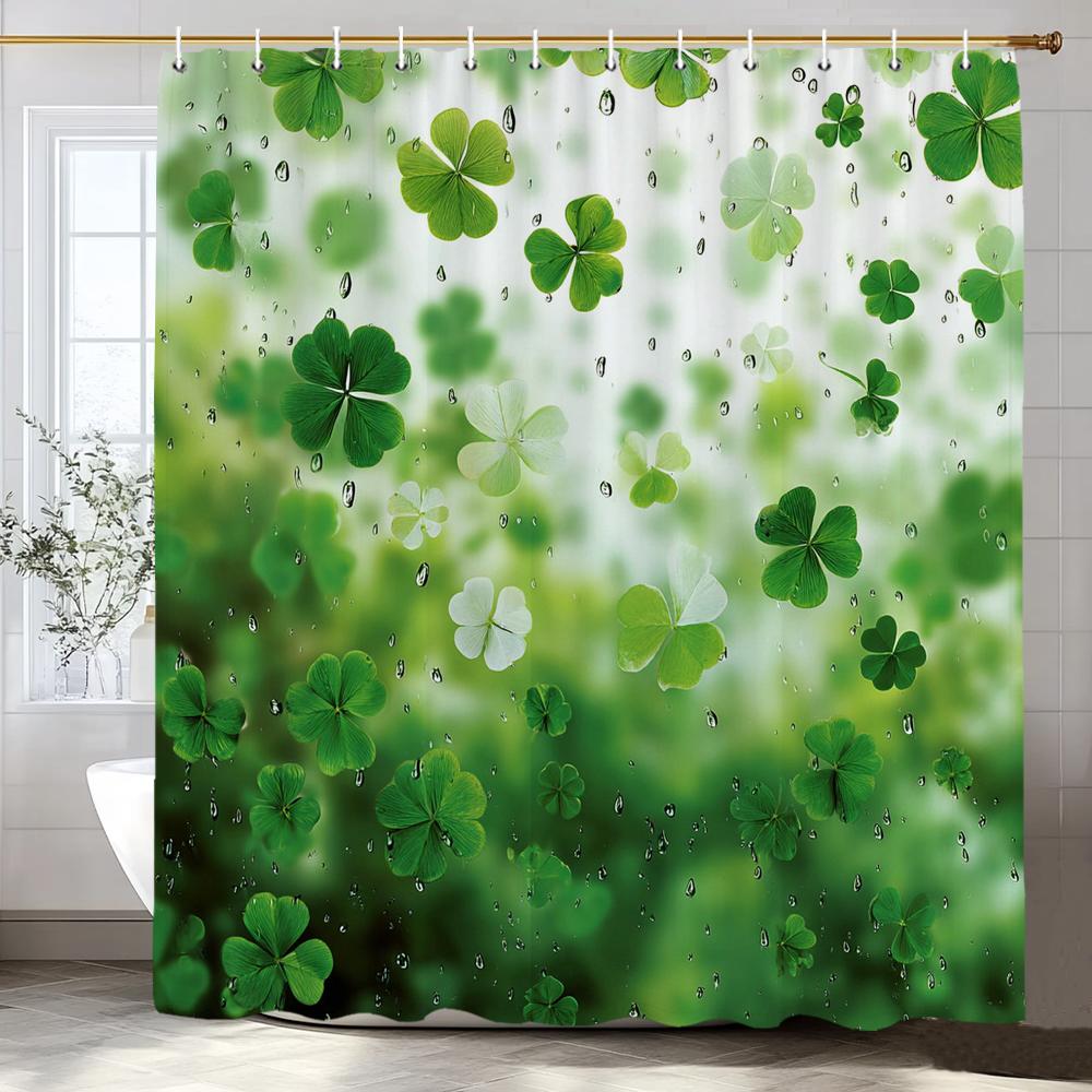 Green Leaves, Lucky Grass Clover Pattern Shower Curtain, Bathroom Decorative Shower Curtain, Home Curtain With Hooks