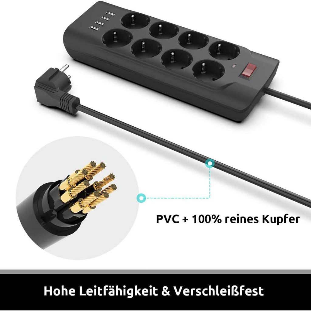 Умная розетка, кабель 2 м, 8 розеток, 4 USB-порта для быстрой зарядки — черная розетка