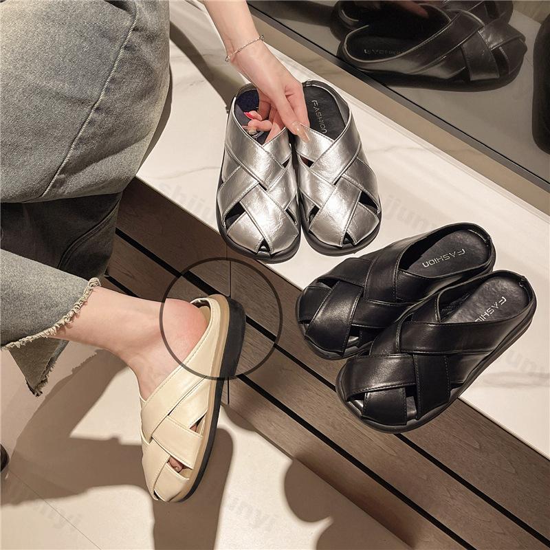 Fashion Women's Half Slippers Summer Closed Toe Woven Hollow Out Mules Shoes Retro Outdoor Leisure Flat Beach Sandals Sandalias De Mujer
