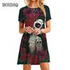 Платье ужасов с черепом и цветочным принтом, женские свободные повседневные платья большого размера, летнее модное уличное платье Kawaii с коротким рукавом