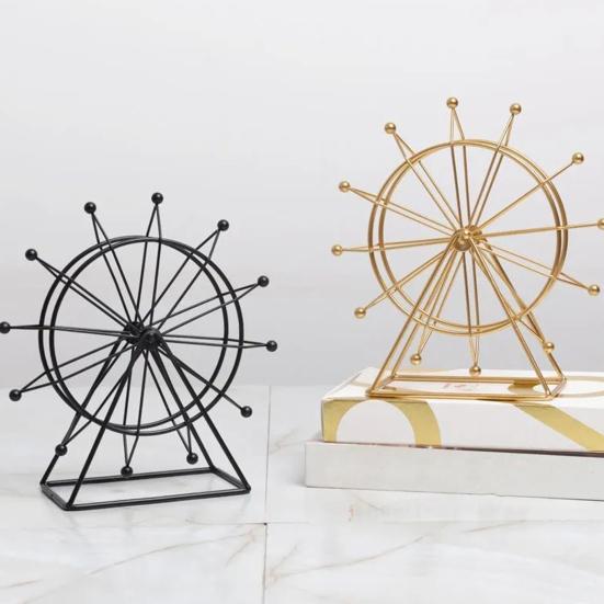 Sky Wheel Ornament with LED Light Rotatable Iron Wire Ferris Wheel Model Metal Figurine Home Office Desktop Decoration