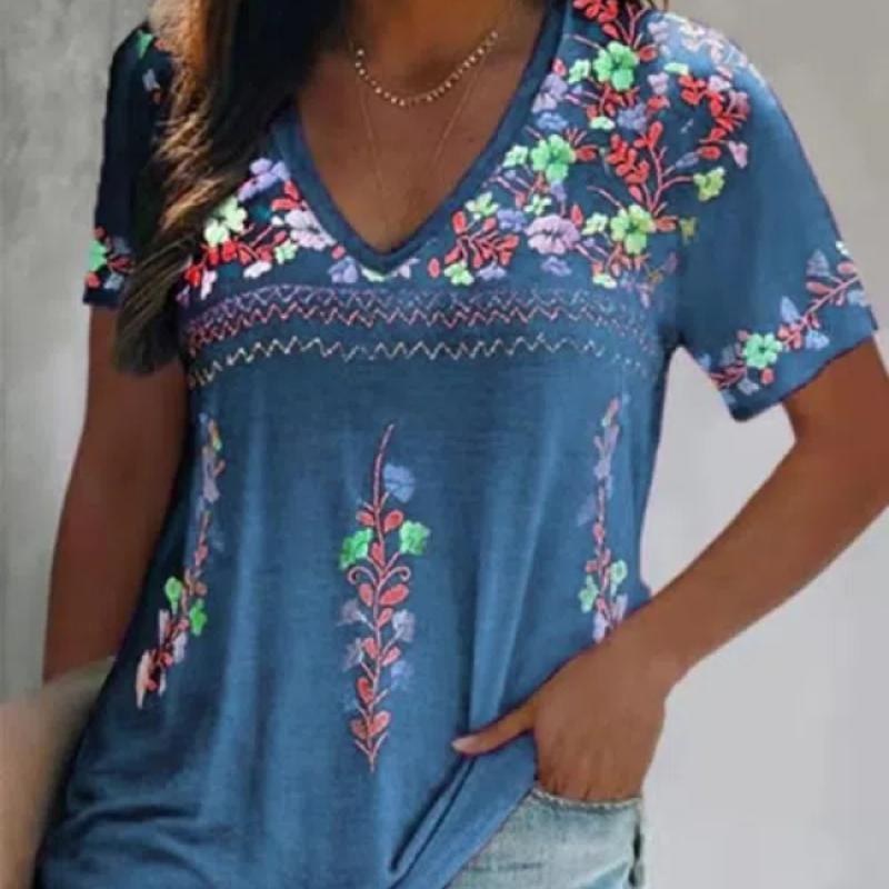 Сексуальная блузка в стиле бохо с v-образным вырезом в стиле пэчворк, топы, лето 2024, женская свободная повседневная футболка с коротким рукавом в этническом стиле, пуловер, S-8XL