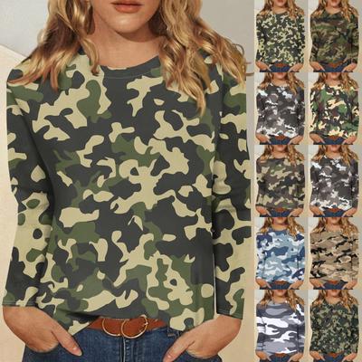 Женская модная повседневная футболка с длинным рукавом и круглым вырезом с камуфляжным принтом