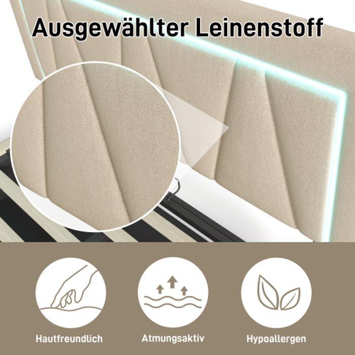 Lit LED - MUVOE - 140x200 - Tête de lit réglable - Port USB intégré - Éclairage LED personnalisable