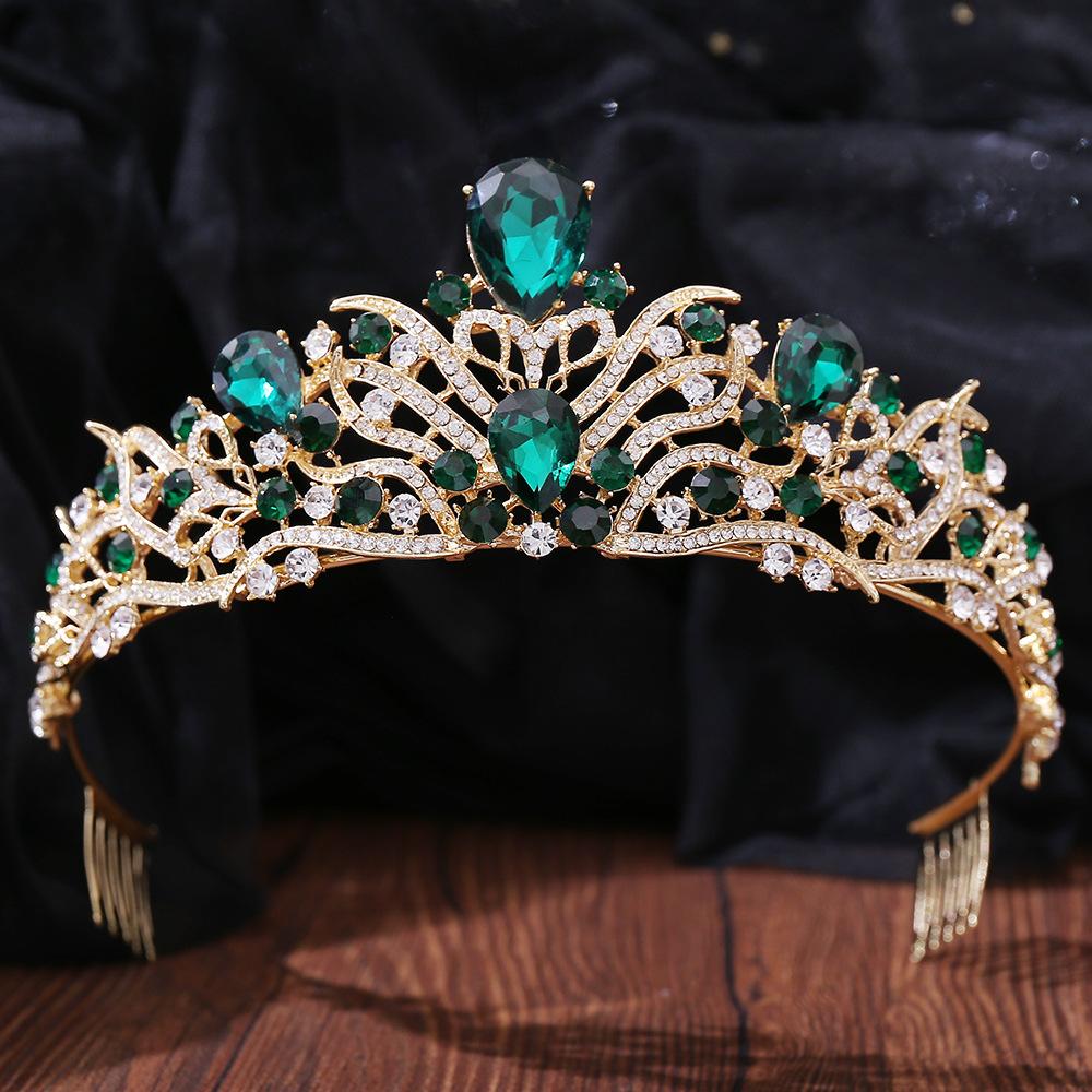 Baroque Luxury Queen Green Crystal Crown Bride Tiara Wedding New Women Korean Princess Headpiece Hair Jewelry Accessories